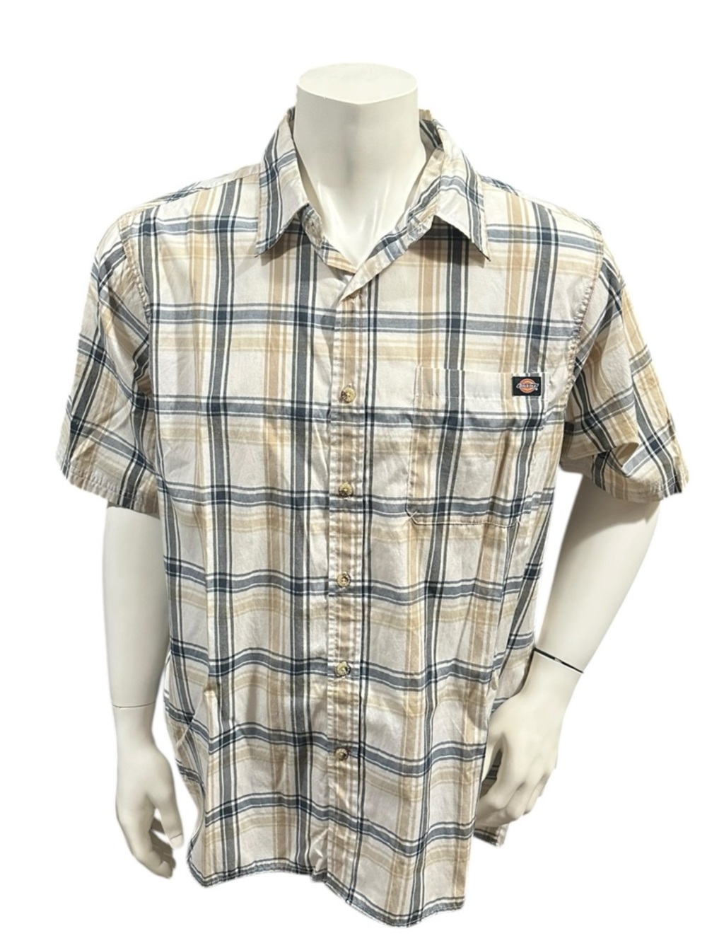 Dickies Men’s Button Up Shirt White Blue Plaid Pocket Short Sleeve XL